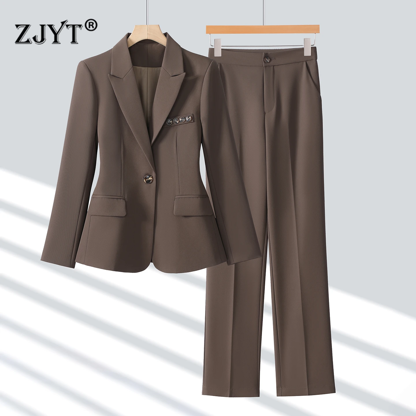 ZJYT Spring Women's Suit Matching Sets Blazers and Pants Set 2 Piece Woman Elegant Chic Trousers Suits Plus Size Brown Outfit