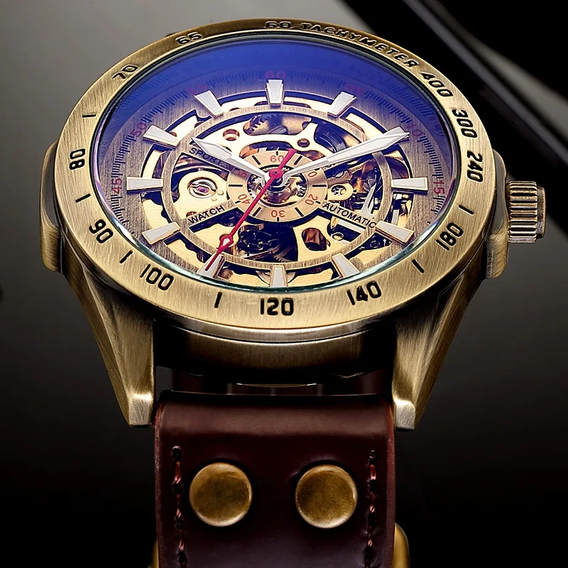 SHENHUA Classic Men Watch Automatic Mechanical Skeleton Clock Antique Bronze Design Sport Watch