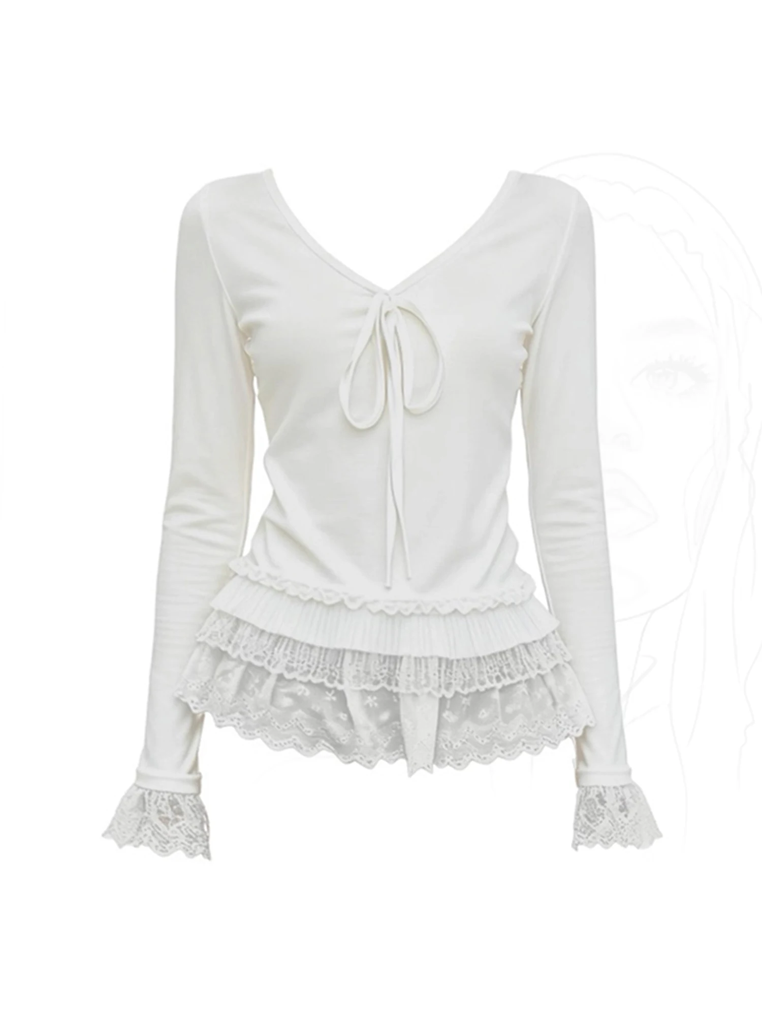 

Women White V-Neck T-shirt Aesthetic Y2k Gyaru Tee Top Vintage Long Sleeve Lace Patchwork T-shirts 2000s Clothes Spring Autumn