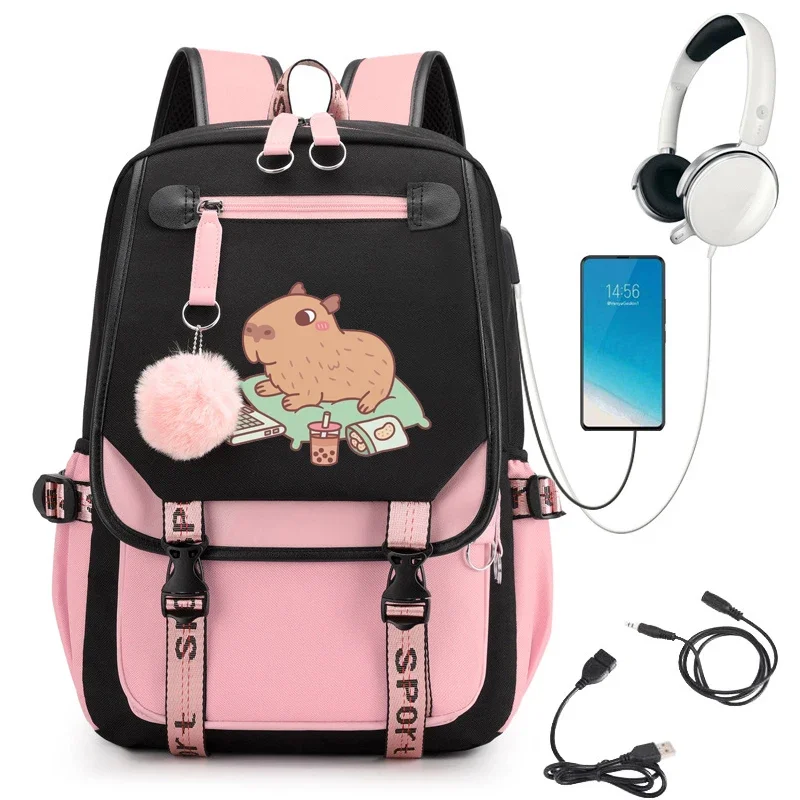 New College Students Backpack Trendy Girls Laptop School Bags Cute Chilling Capybara with Laptop and Snacks Girl Travel Book Bag