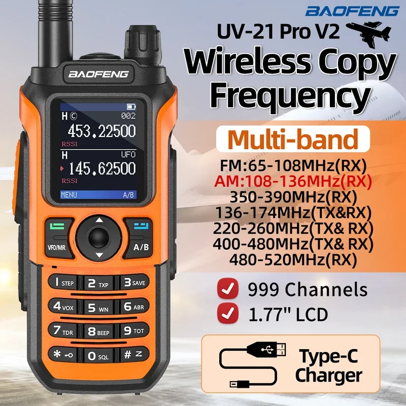 Baofeng-walkie-talkie UV-21 PRO V2, Radio bidireccional, resistente al agua, de largo alcance, con frecuencia de copia inalámbrica, cargador tipo C, triple banda