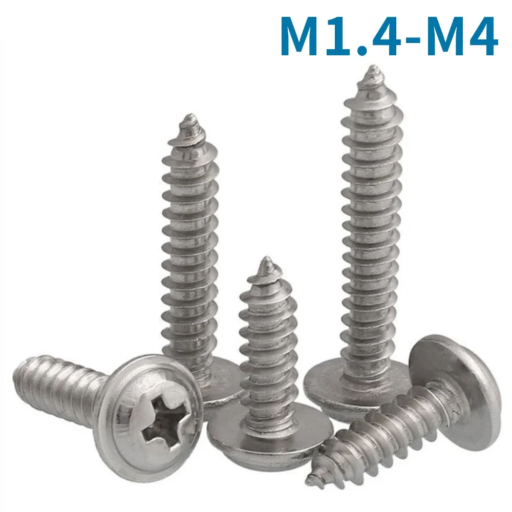 

50Pcs M1.4 M1.7 M2 M2.3 M2.6 M3 M4 PWA Cross Round Head with Washer Self Tapping Screw 304 Stainless Steel Wood Phillips Screw