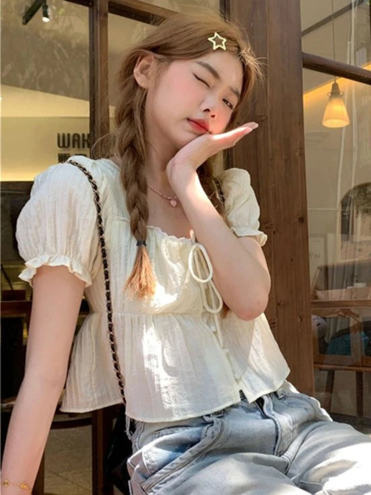 Shirts Women Sweet Girlish Fashion Simple Design Puff Sleeve Leisure All-match Daily Summer Square Collar French Style Tender