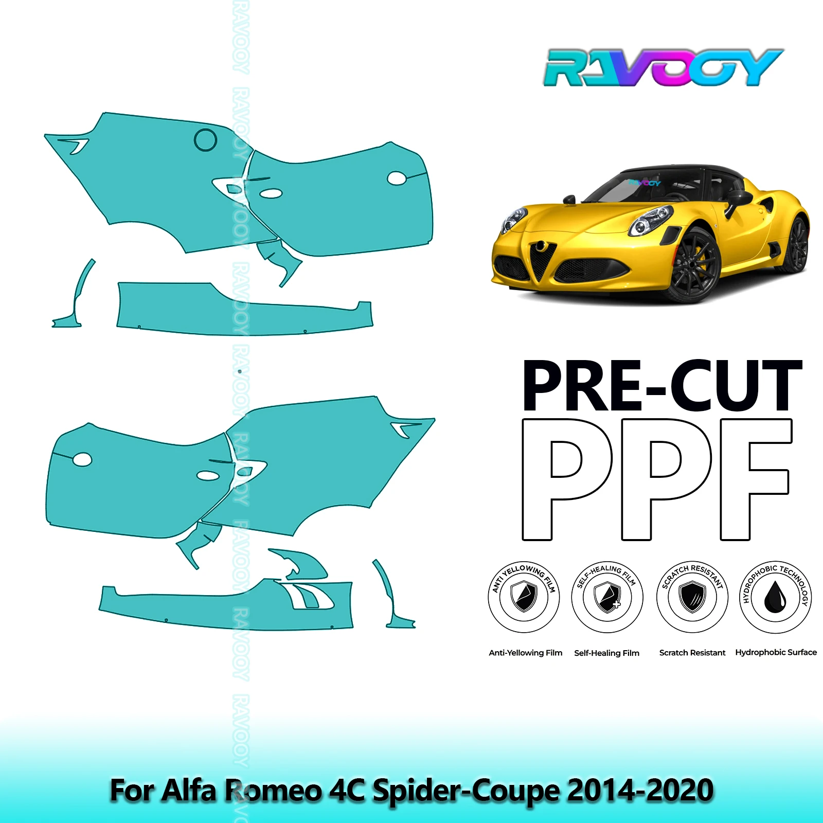 

For Alfa Romeo 4C Spider-Coupe 2014-2020 8.5mil Clear Matte Pre-Cut PPF Door & A/B Pillar Kit TPU Paint Protection Film Set