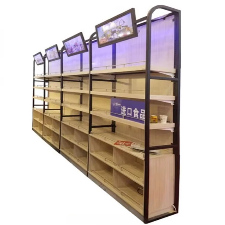 High-end supermarket wall-mounted wooden display racks and floor cabinets