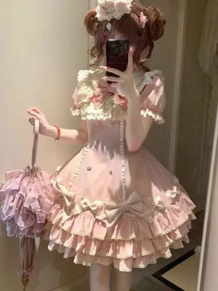 2025 Japanese Kawaii Sweet Lolita Princess Dress Women Pink Y2k Bow Lovely Slim Dresses Female Korea Style Design Chic Outfits - Image 3