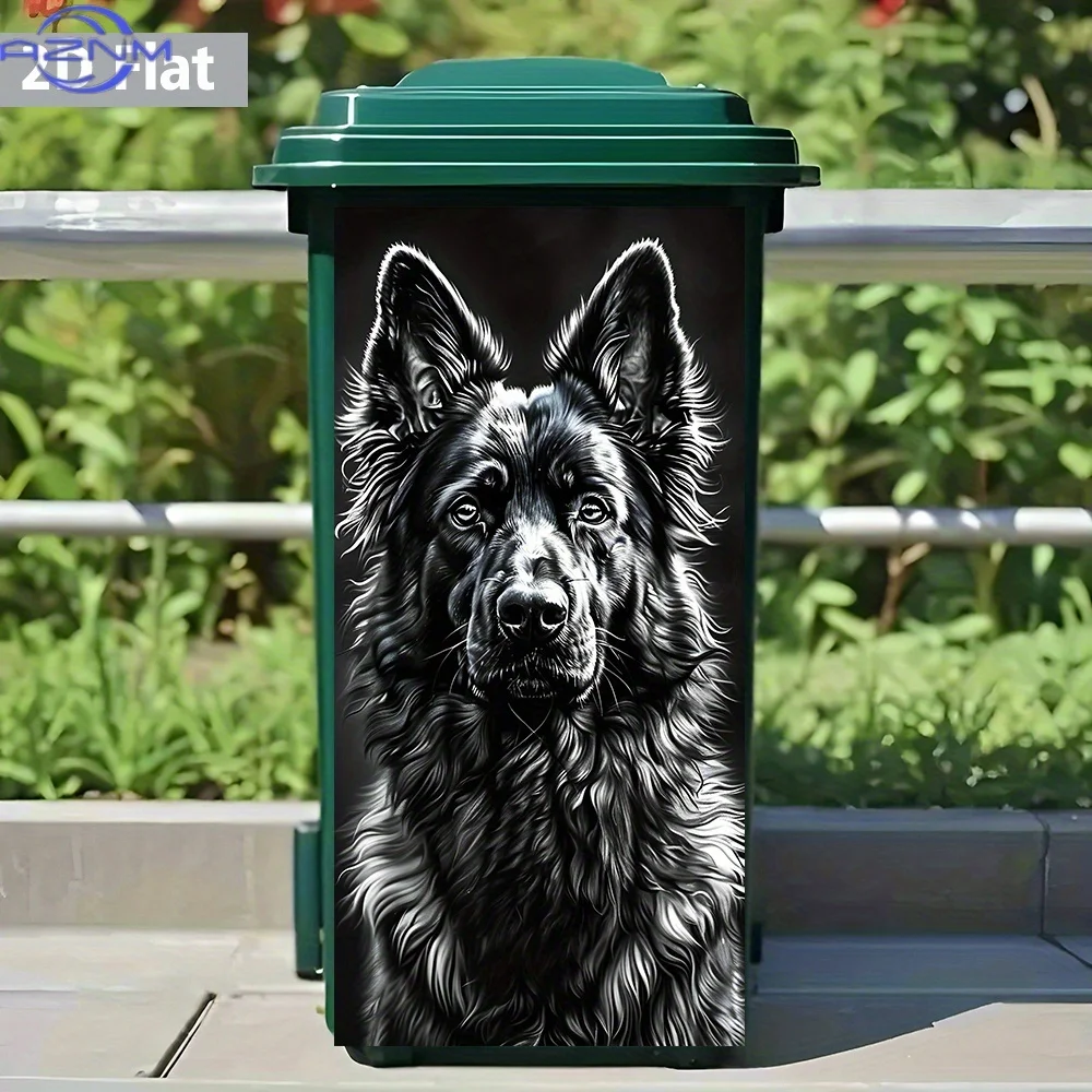1pc 2D Flat Black Dog Art Illustration PVC Trash Can Sticker – Self-Adhesive, Waterproof for Monochrome Bin Decor, Pet Portrai