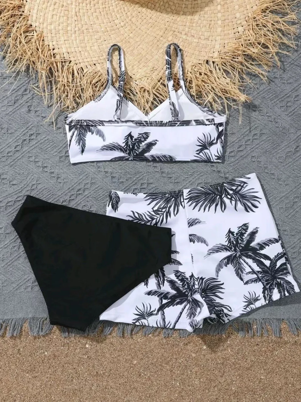 Bikini de palmera para niñas, traje de baño y pantalones cortos de cintura alta, falda de playa, 3 piezas, 2023