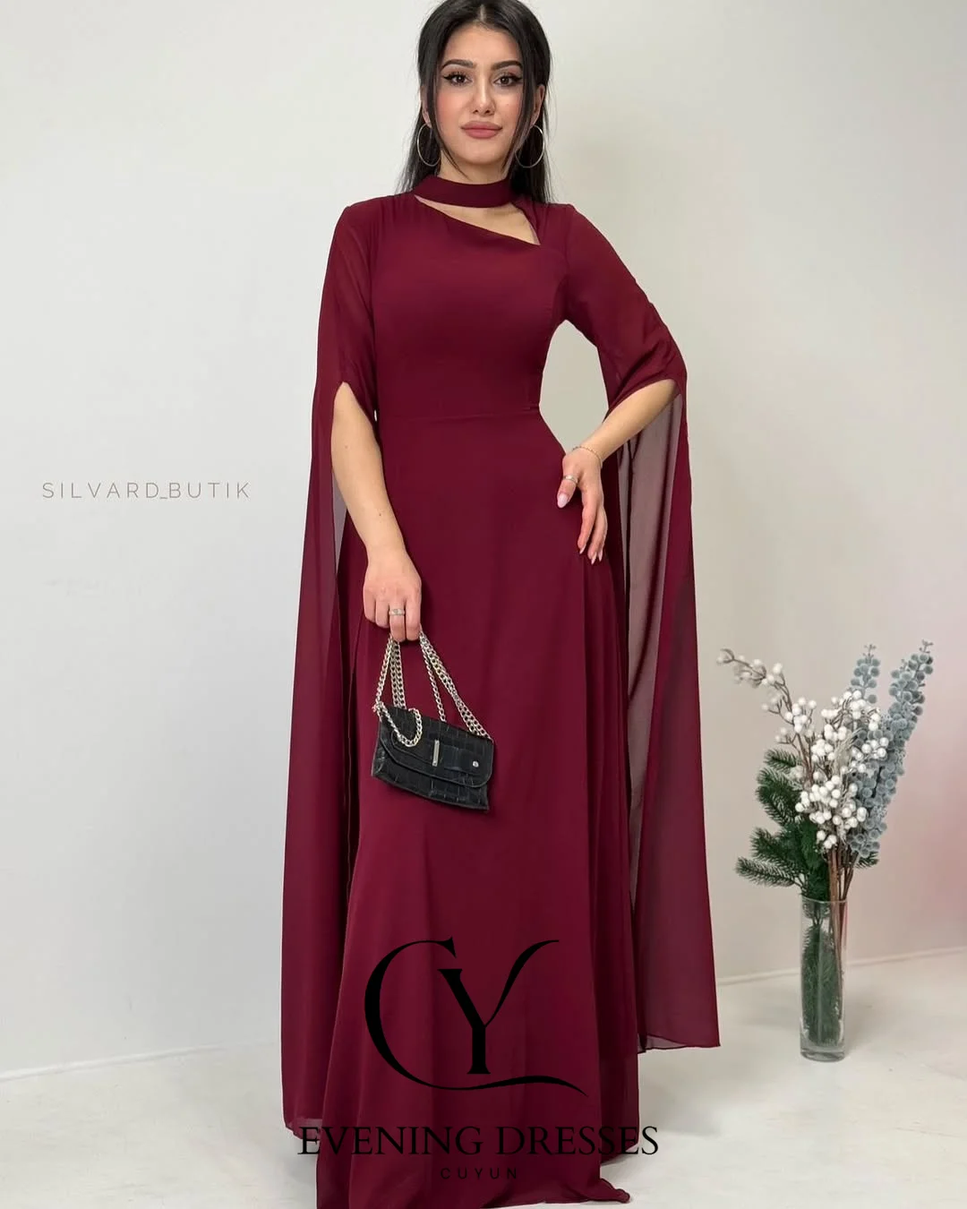 Cuyun elegante chiffon verão evento feminino vestidos de noite personalizado o-pescoço oco para fora mangas compridas com fenda vestidos de baile