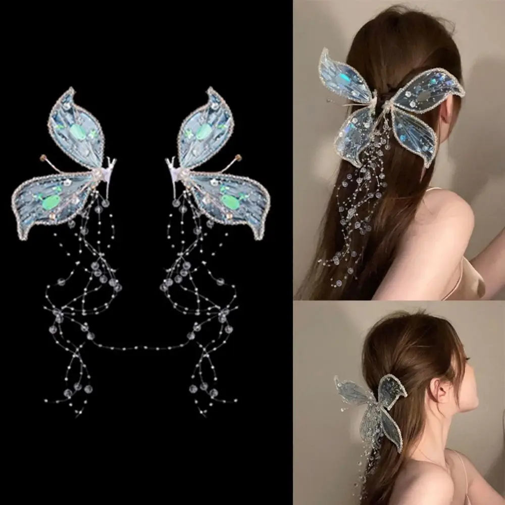 Large Hair Claw Colorful Clear Sweet Hair Clips Crystal Hairpin Butterfly Side Clip Fairy Ear Headwear With Glitter Tassel New