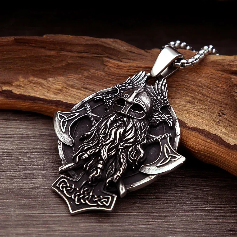 Vintage Viking Warrior Double Axe Raven Celtic Knot Stainless Steel Pendant Necklace For Men Biker Street Amulet Fashion Jewelry