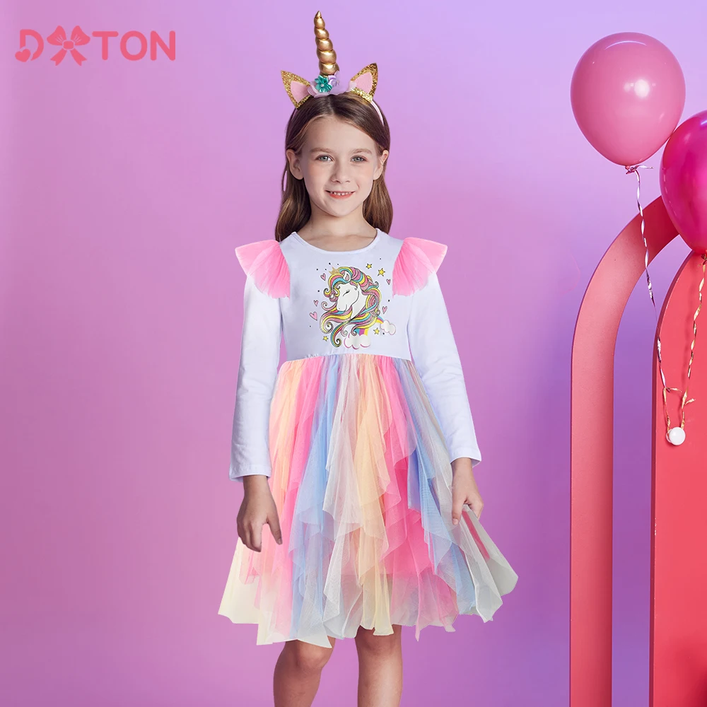 

DXTON Uincorn Girls Dresses Autumn Winter Cotton Toddler Casual Clothing Cartoon Irregular Mesh Children Princess Party Dresses