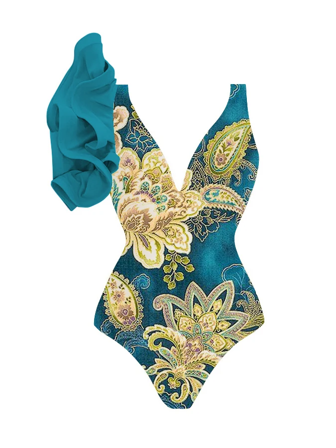 Blue Swimsuit Gold Print Gorgeous Retro Court One-shoulder Pleats Design One-piece Bikini Bodycon Getaway Romantic Summer Women