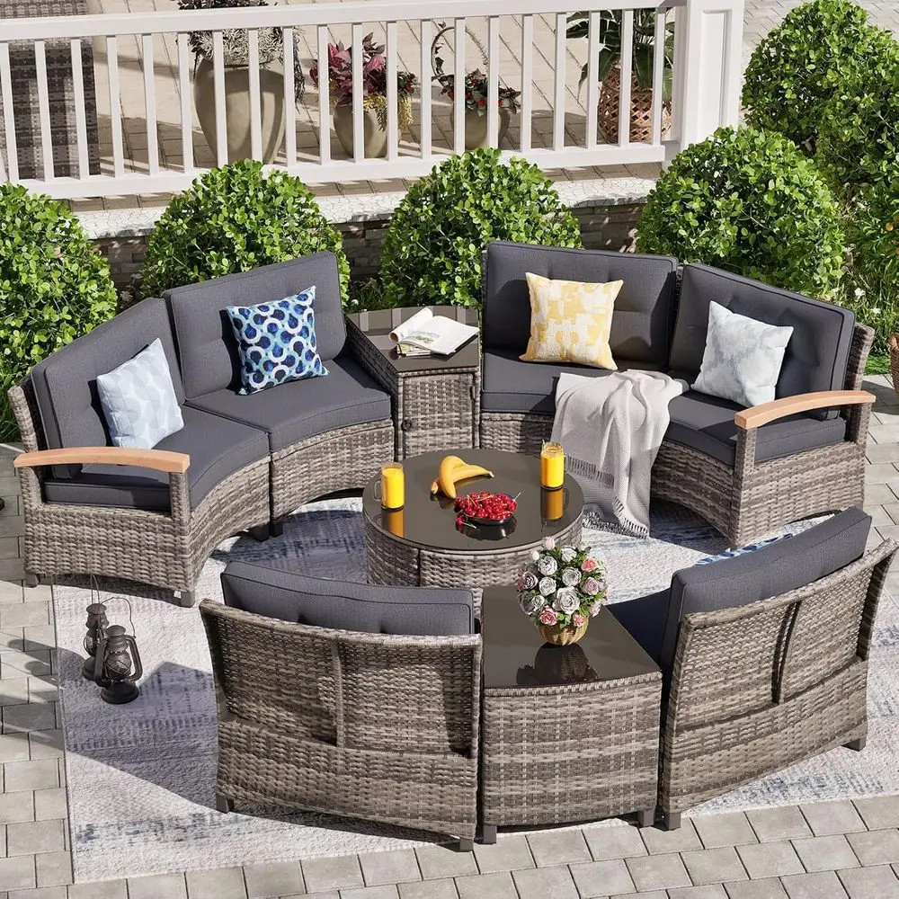 

9-Piece Outdoor Patio Furniture Set, Half-Moon Curved Sectional Sofa with Rattan and Wooden Armrests, Coffee Table & Side Table
