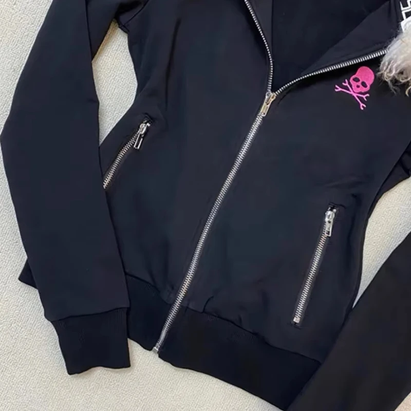 고스 하이 스트리트 Y2K 블랙 퍼 칼라 지퍼 스웨트셔츠 후디 여성 스웨트셔츠 하라주쿠 레터 프린트 슬림 코트 겨울 옷