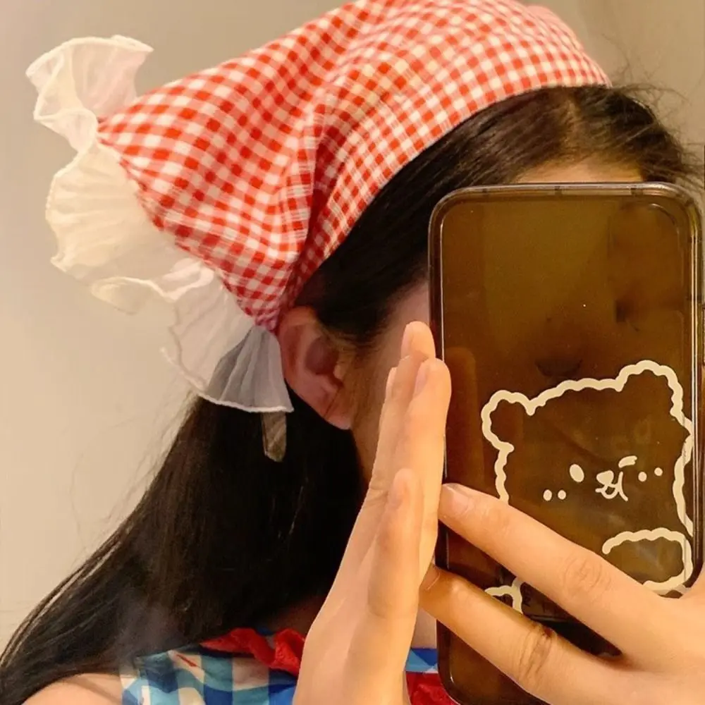 Головной убор в пасторальном стиле Ins, треугольный кружевной аксессуар для волос, в клетку, для ленивых людей