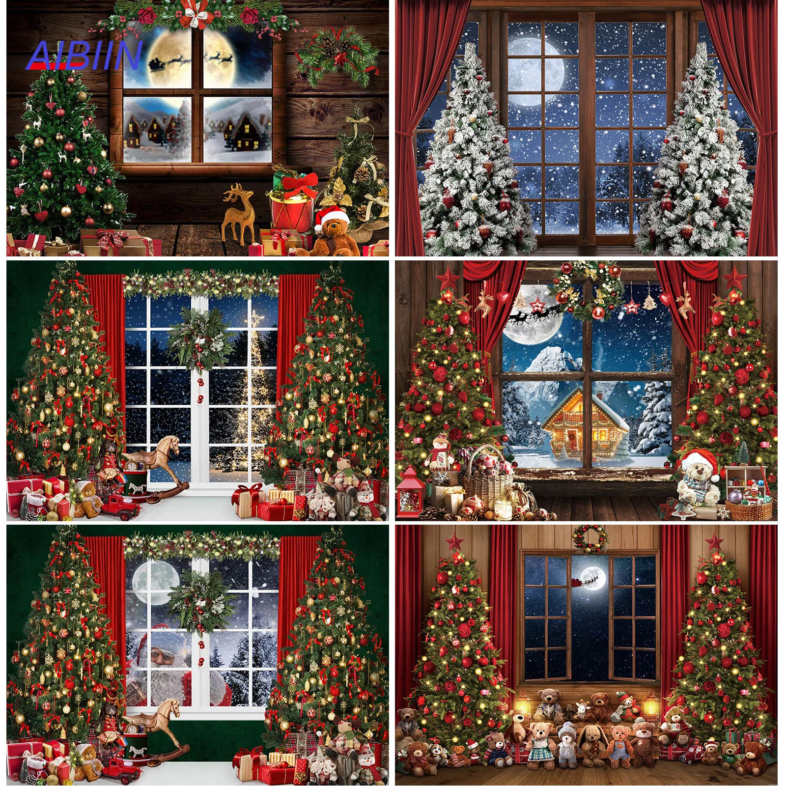 

Winter Christmas Photography Backdrop Night Moon Window Santa Claus Gift Party Decor Banner Merry Xmas Tree Portrait Background