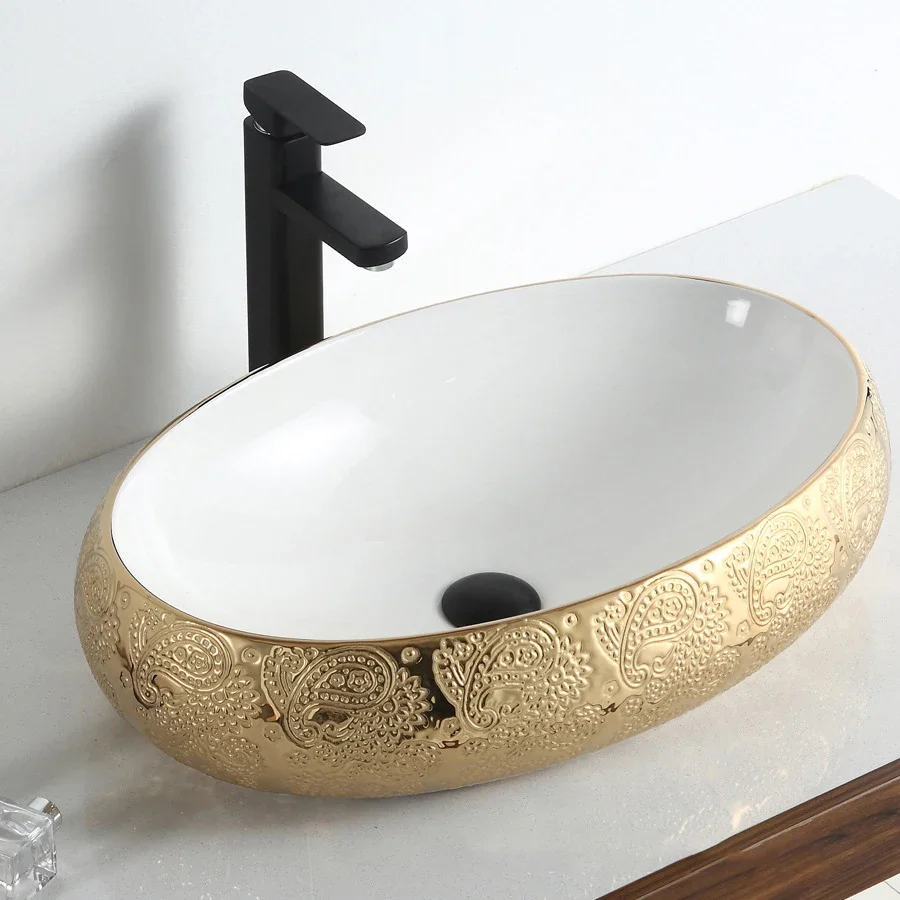 

z Luxury countertop lavatory ceramic art basin porcelain golden toilet hand wash basin oval gold vessel sink for bathroom