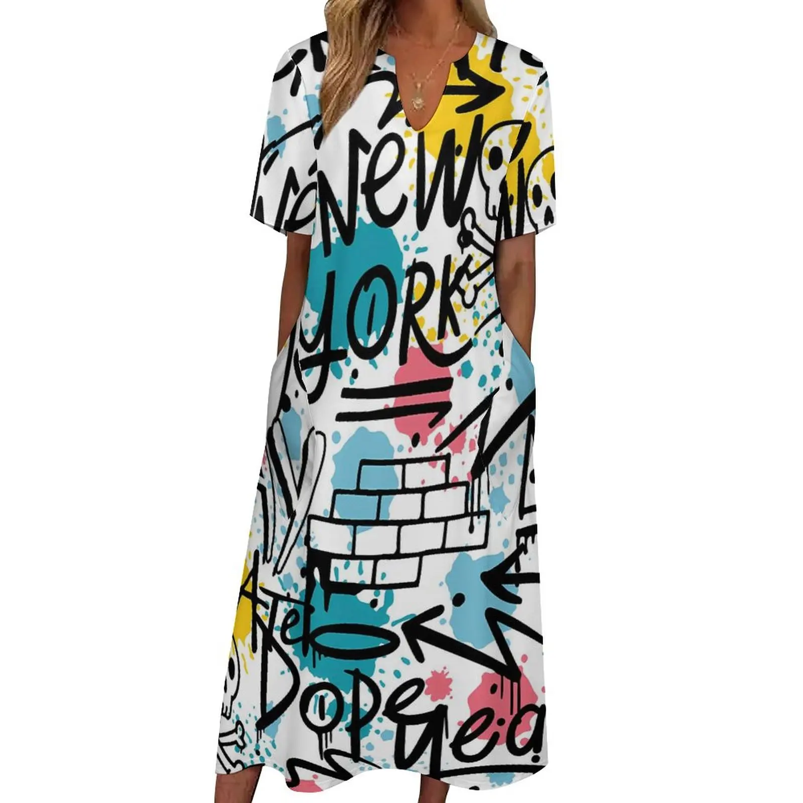 Graffiti Print Dress Spring New York Aesthetic Casual Long Dresses Women Pattern Kawaii Maxi Dress Big Size 4XL 5XL