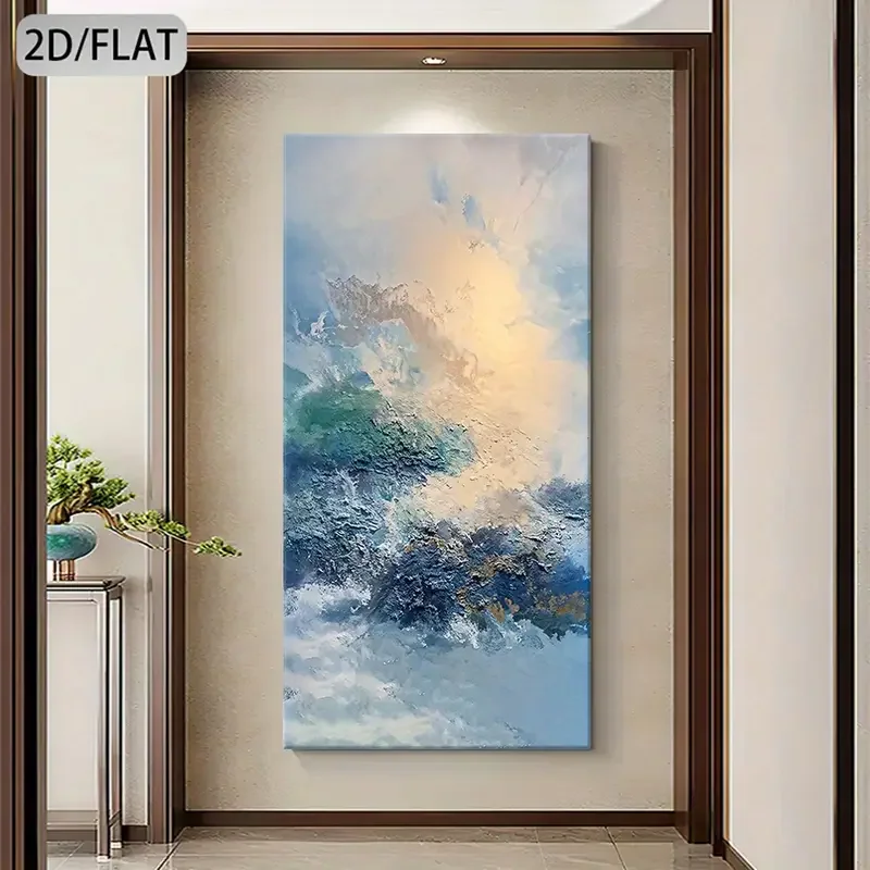 لوحة فنية جدارية تجريدية كبيرة من القماش - موضوع طبيعي أزرق وأصفر ديكور منزلي حديث، عمل فني مسطح ثنائي الأبعاد غير مؤطر لغرفة المعيشة
