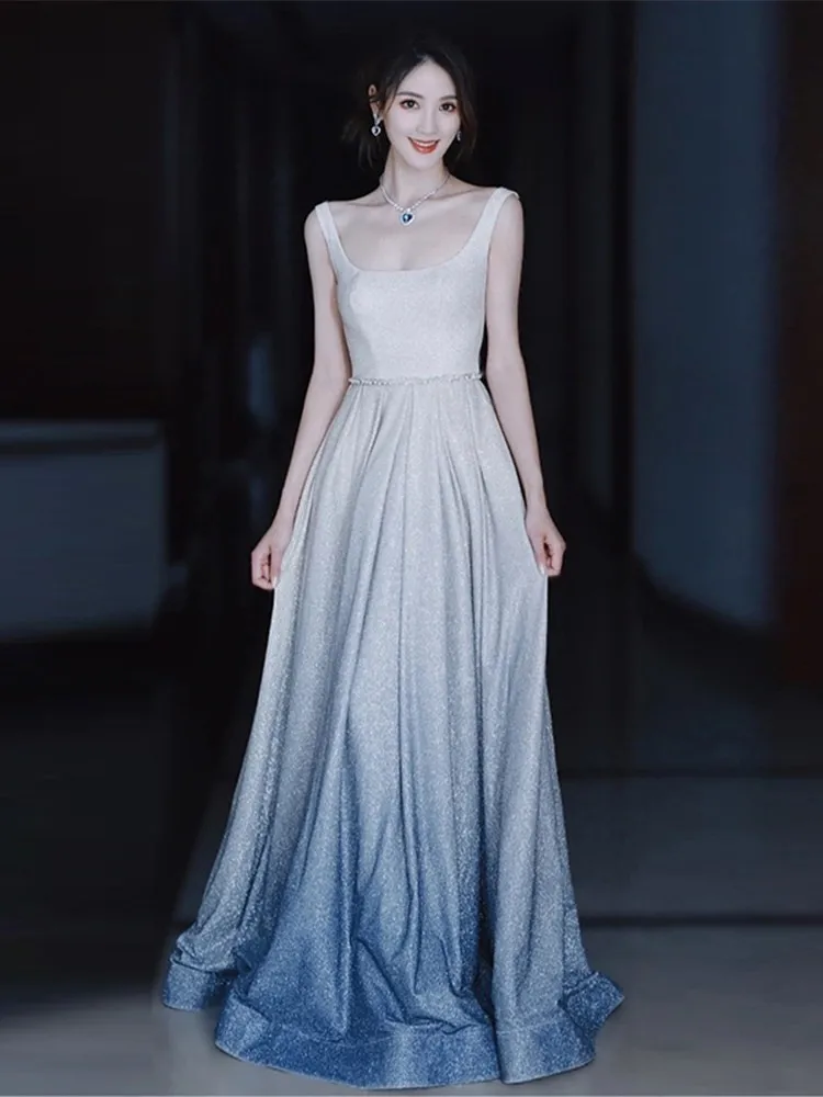 Host New Light Luxury Banquet Elegant Performance Blue Heavy Work Dress Simple Niche