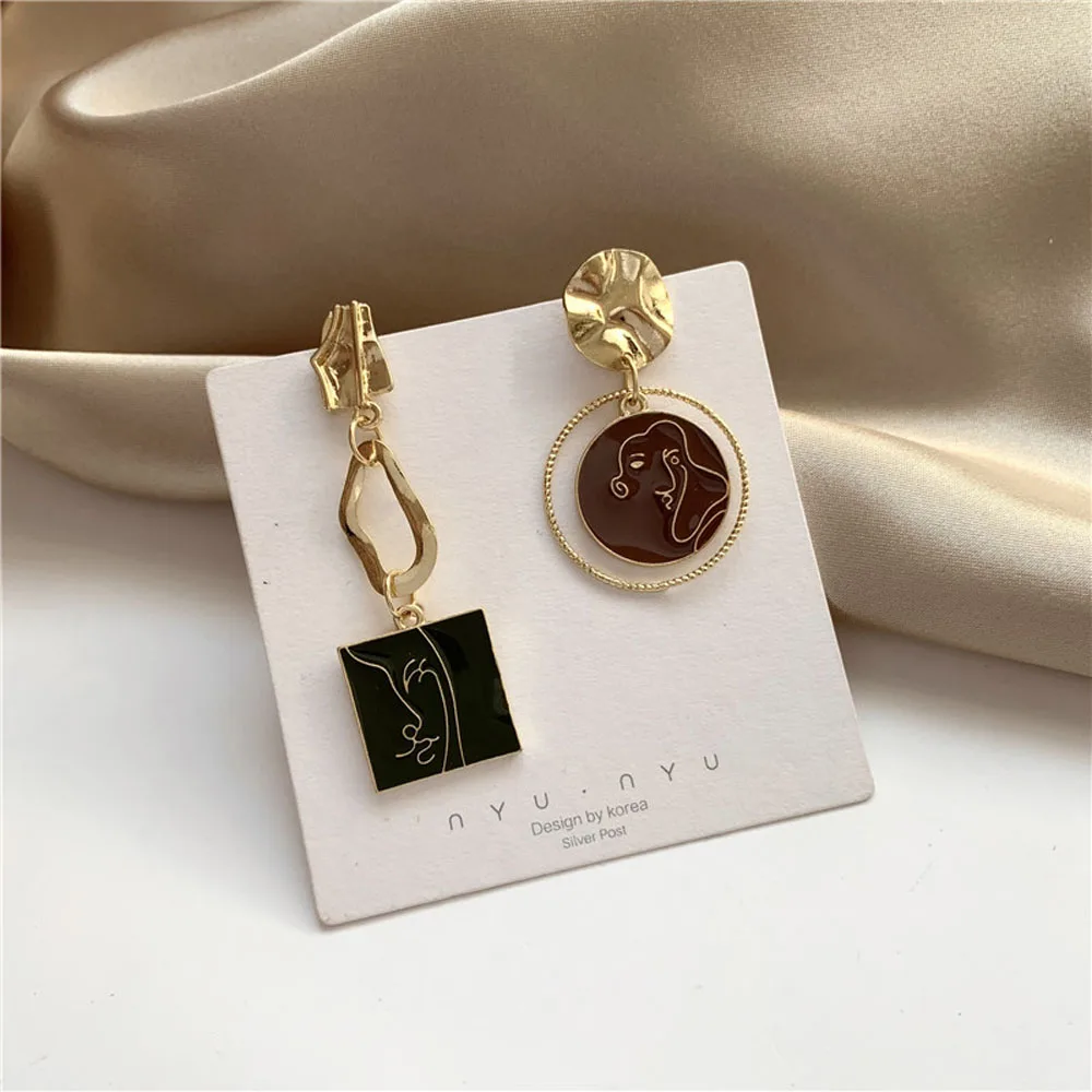 Exaggerated Abstract Face Asymmetric Square Circle Dangle Earrings Girl Party Jewelry Pendant Earrings Punk Female Earrings Gift