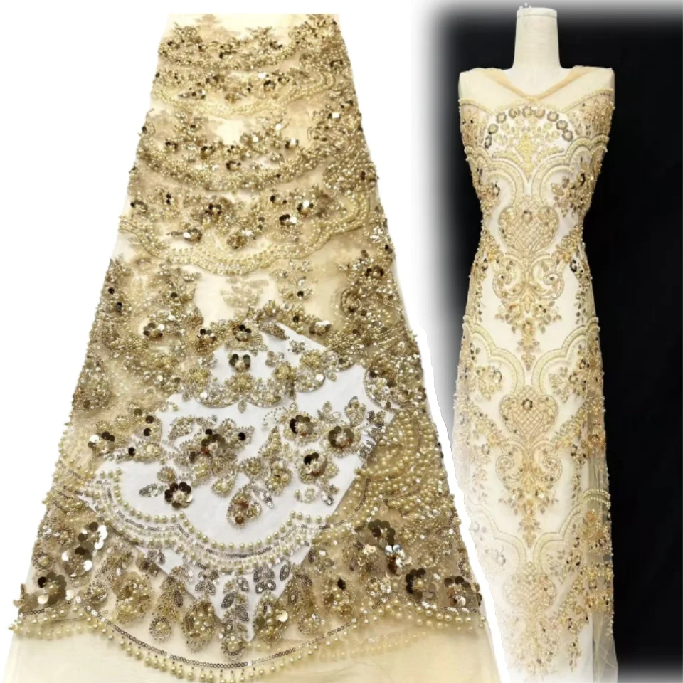 

French Mesh Sequins Lace Fabric with Beads New African Beads Lace Fabric Nigerian Tulle 5 Yards for Women Prom Dresses CC1337