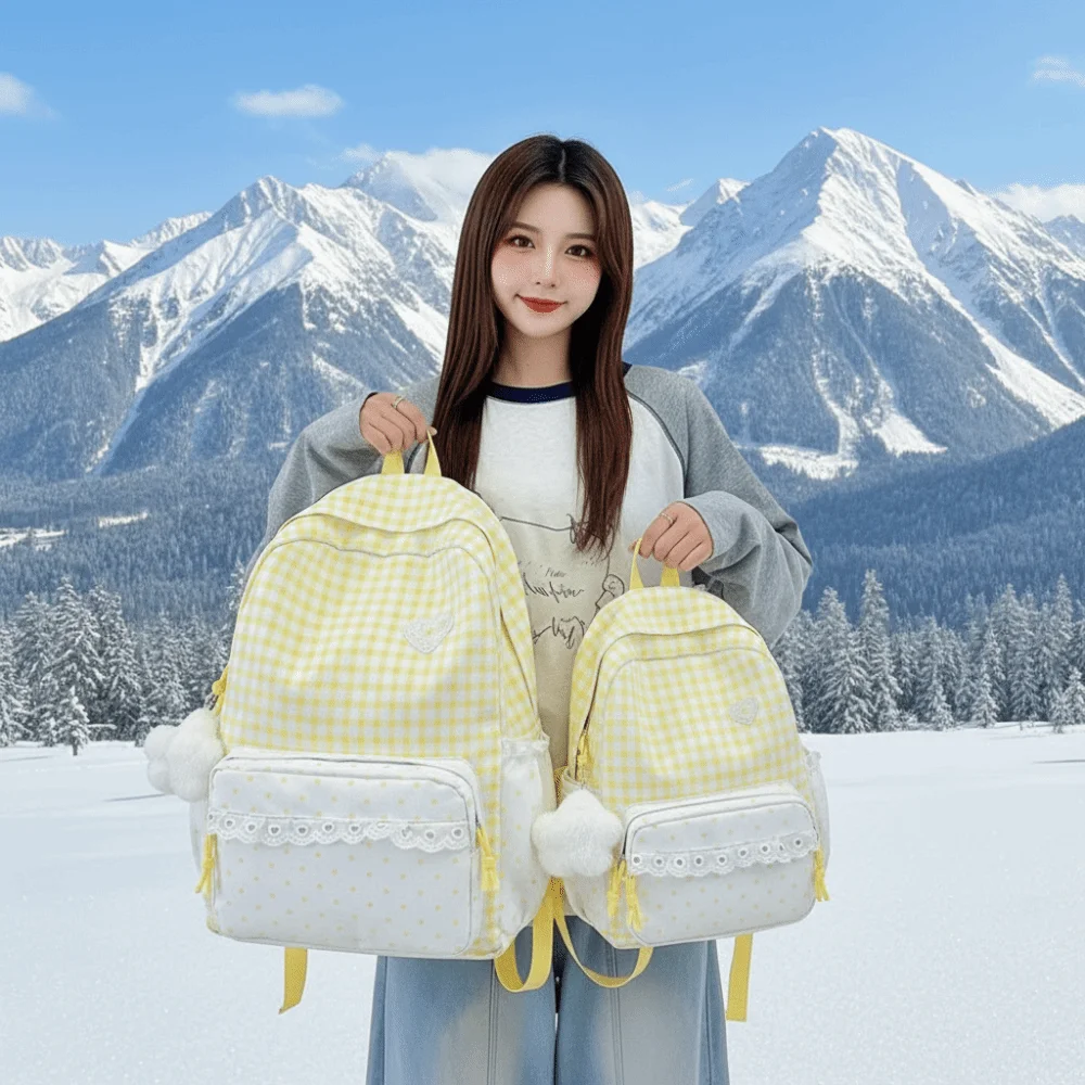 Korean Style Gingham Backpack Pastel Colors Polka Dot Lace Schoolbag Ruffle Design Heart Embroidery Plaid Daypack Daily Travel