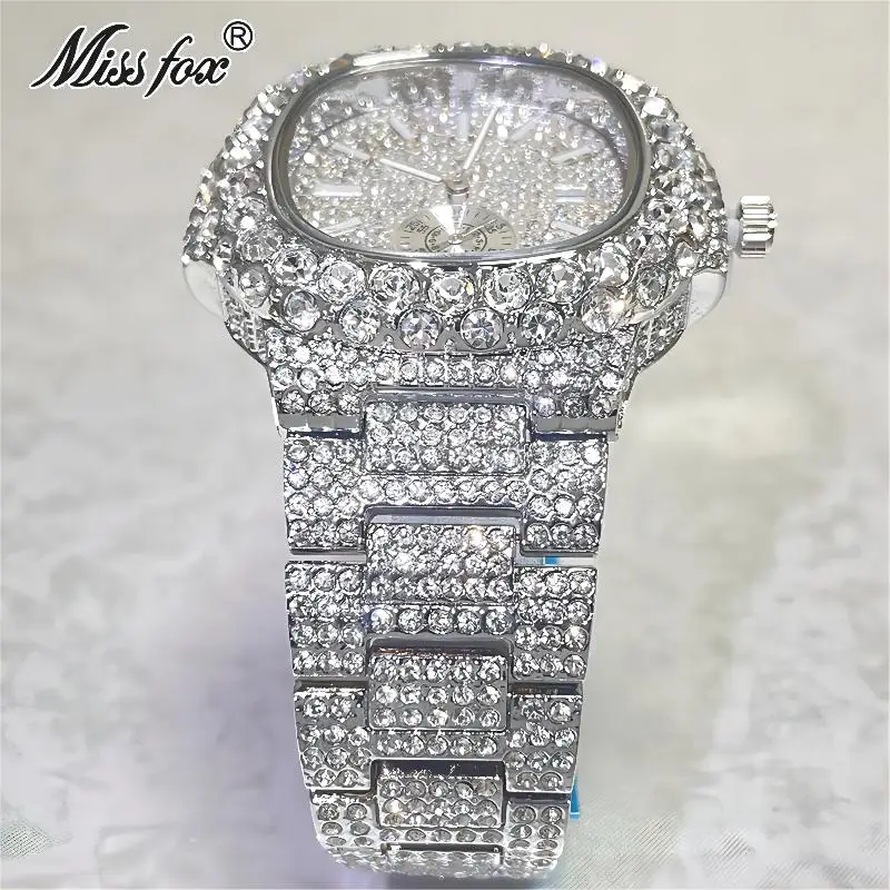 2024 MISSFOX Luxury Watch For Men Fashion Iced Out Jewelry Quartz Wristwatch Hip Hop Diamond Bling AAA Watch Male Reloj Hot Sell