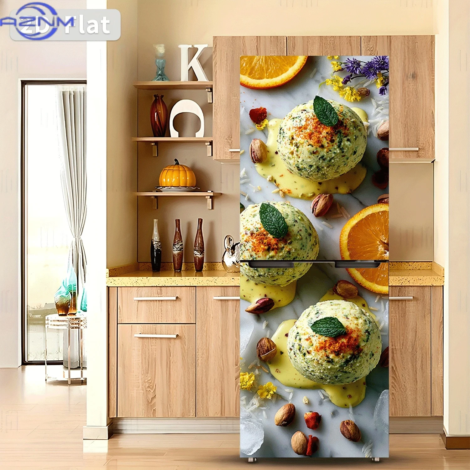 2D Flat Printing 1pc Refrigerator Sticker  Orange Pistachio Ice Theme Design Wall Decal Decorative Wallpaper Self-Adhesive Sui