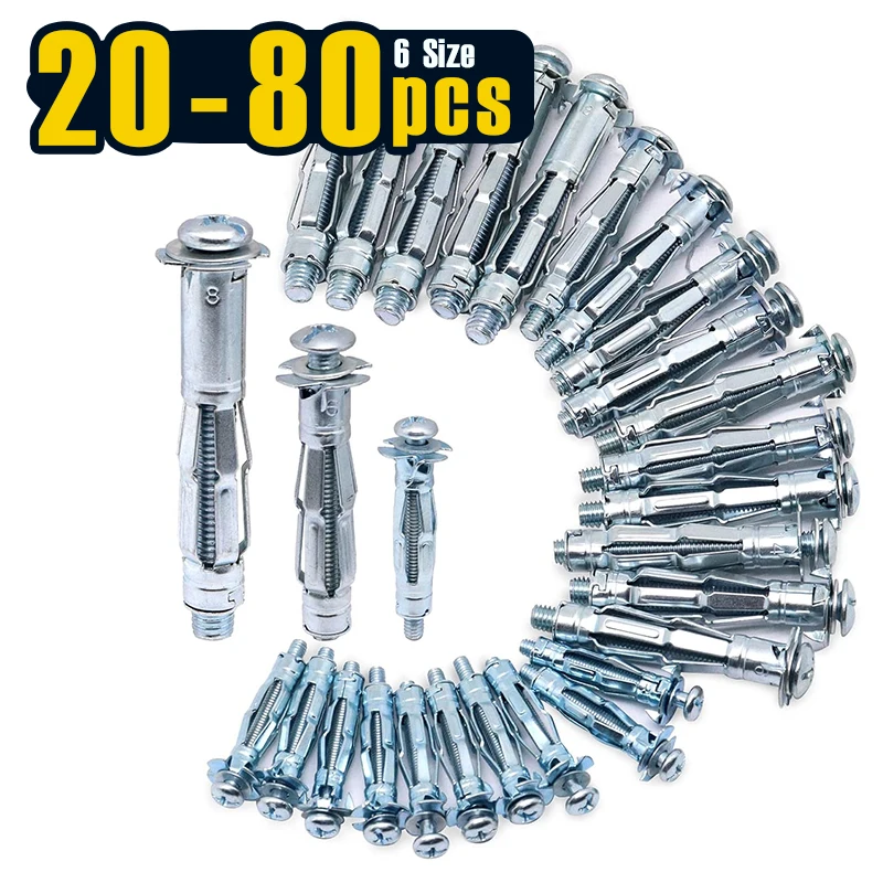 20-80pcs Hollow Wall Anchors with Screws Heavy Duty, Carbon Steel Zinc Plated Molly Bolts Wall Anchors for Drywall Plaster Walls