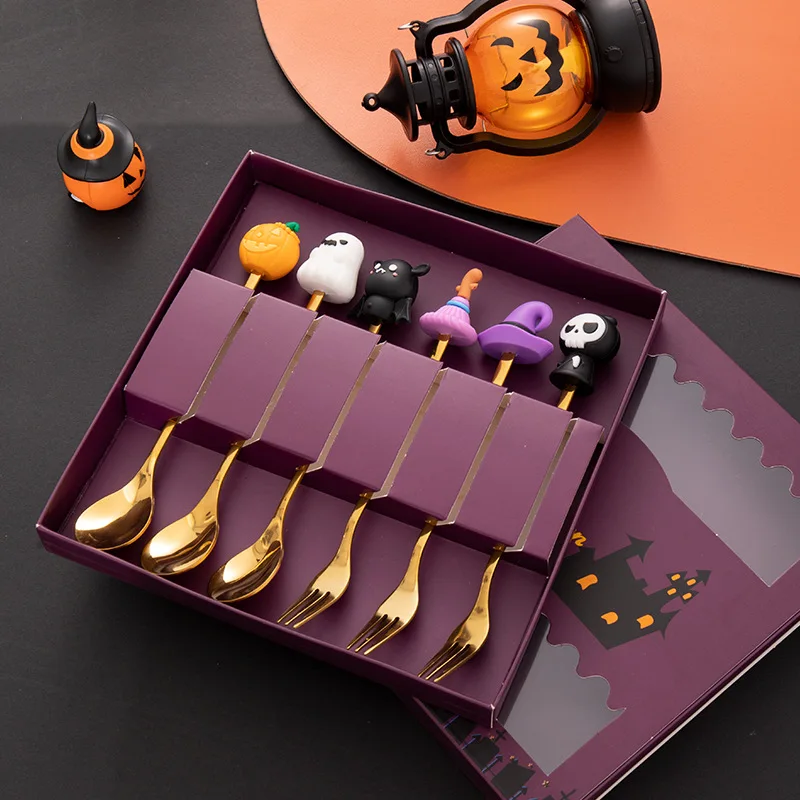 4/6-teiliges Halloween-Gabel- und Löffel-Set, kreatives Geschirr aus Edelstahl, Geschenkset für Kaffee, Tee, Dessert, Gabeln und Löffel
