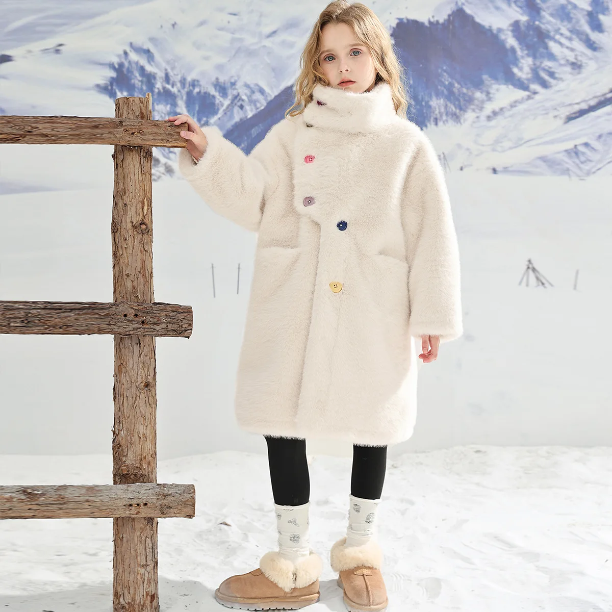 سترة أطفال جديدة لخريف وشتاء 2025 فتاة تقليد فرو المنك معطف فرو فتاة صغيرة منتصف طويلة