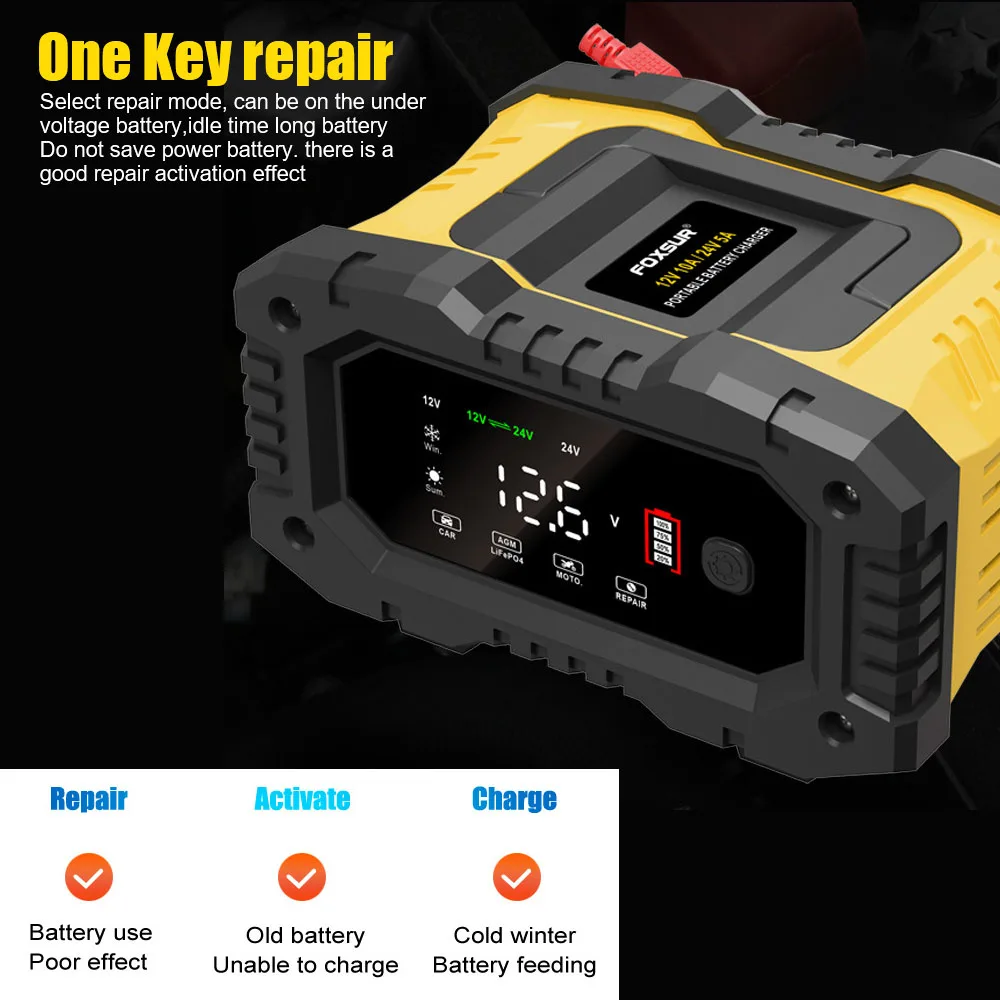 For AGM GEL SLA Lead-Acid LiFePO4 Handheld Car Motorcycle Battery Charger 12V-24V Smart Battey Charger 7-stage