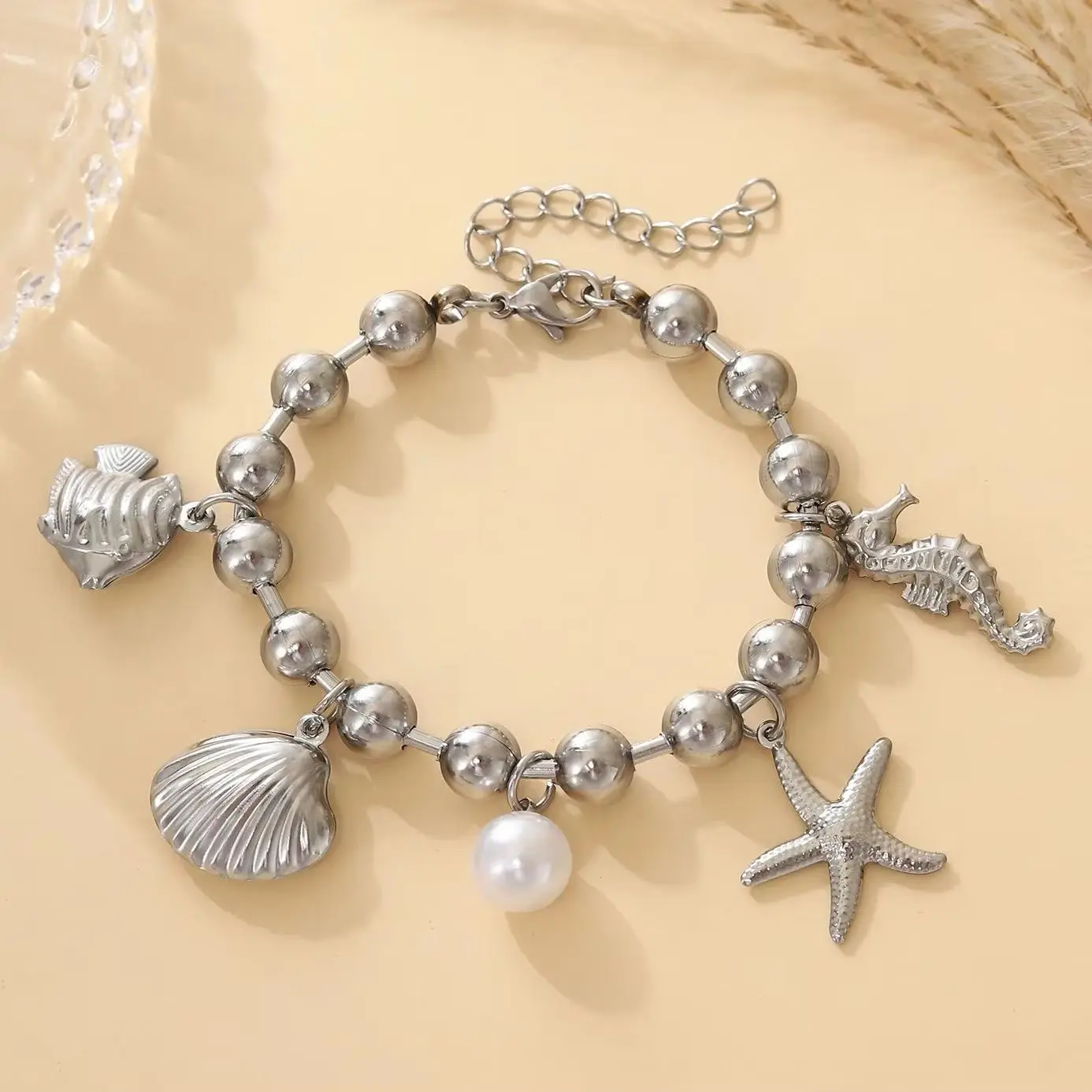 

Charms Bracelet For Women Stainless Steel 8MM Ball Chain Starfish Shell Pendant Bracelet Summer Beach Ocean Style Jewelry Gifts