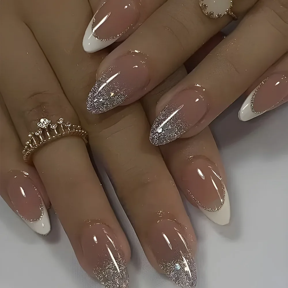 24 pçs unhas falsas francesas com design de amêndoa destacável irregular linha de ouro unhas falsas glitter diamante acrílico imprensa em unhas dicas