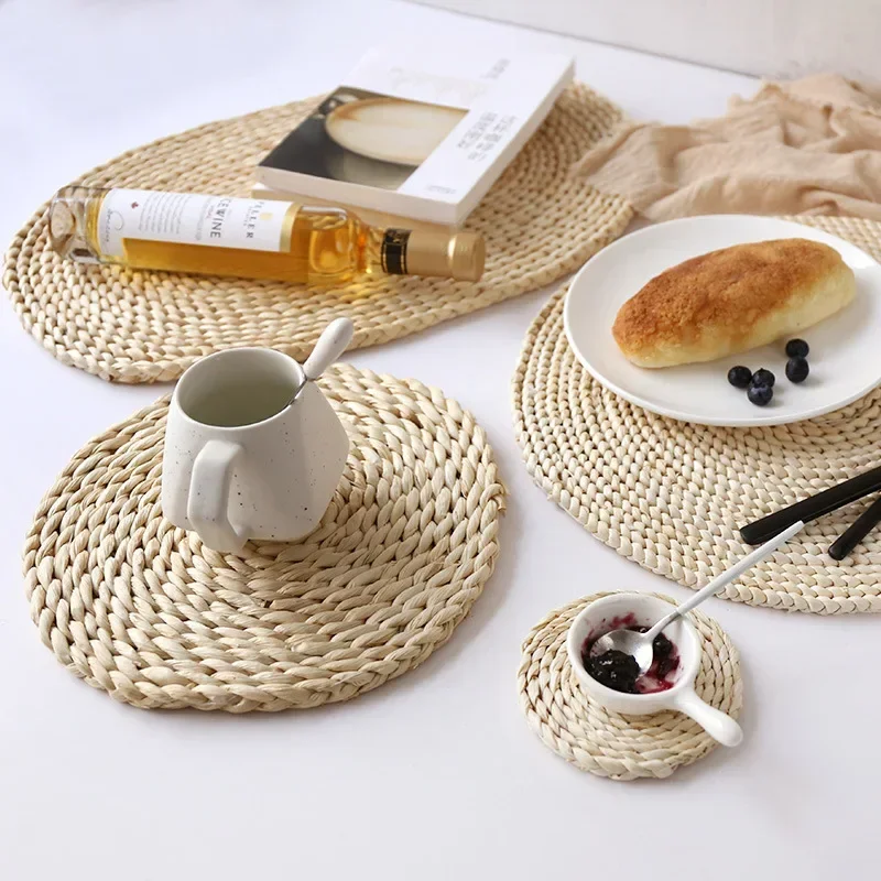 Natural Straw Insulating Table Mat Home Mat Round Tablecloths Dining Tablecloths Kitchen Accessories Decorative Coasters Gauze