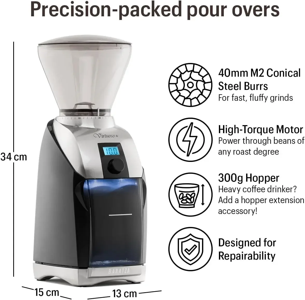 XCYBaratza Virtuoso+ Conical Burr Coffee Grinder with Digital Timer Display