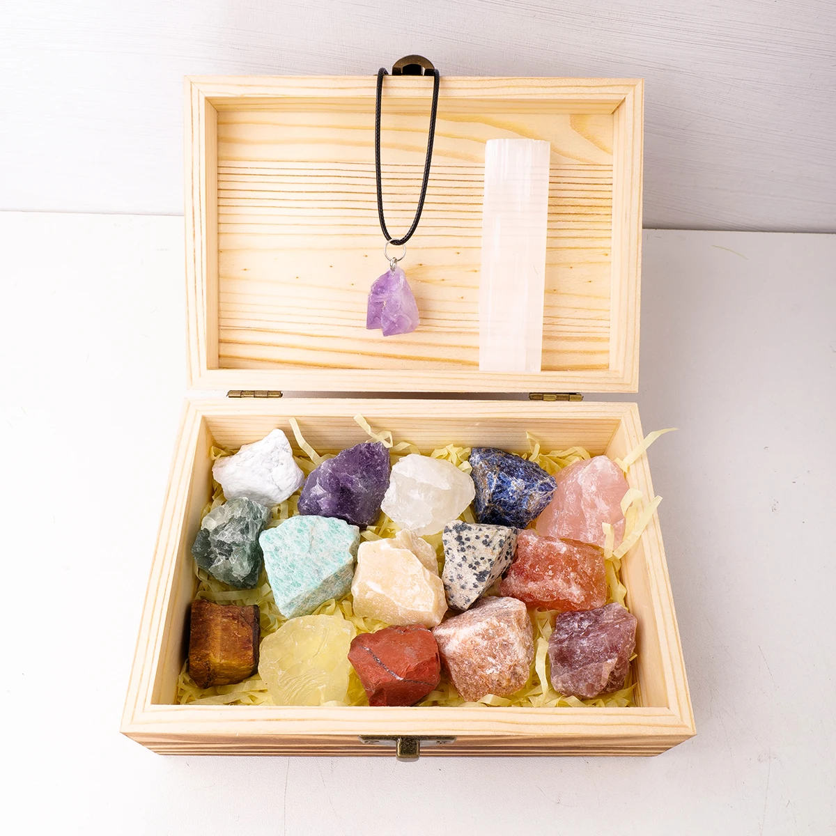 1PC Natural Crystal Amethyst Tooth Pendant Gypsum Raw Stone Mineral Label Wooden Box Set Gift