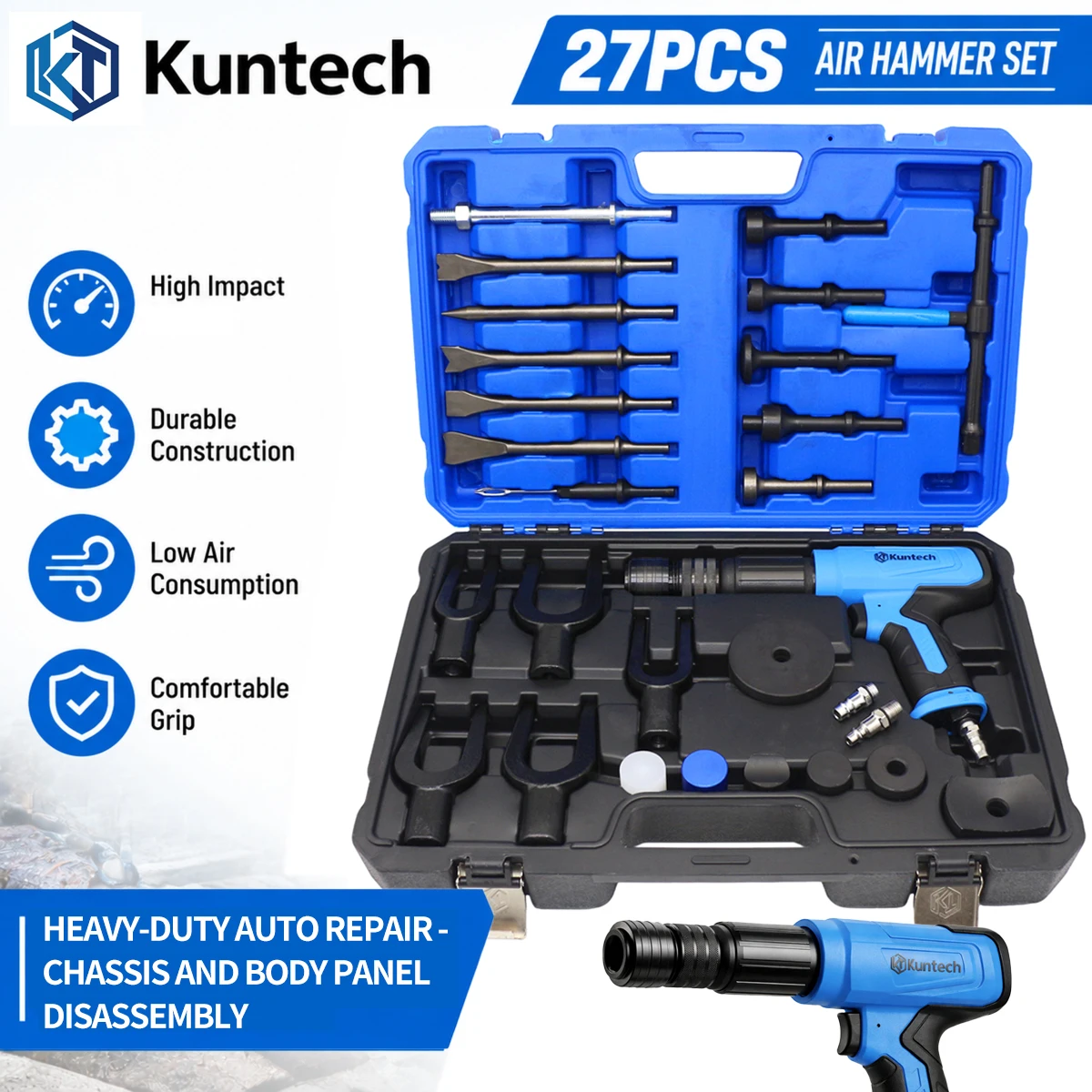 Powerful Air Hammer Impact Kit with Tapered Punch Flat Chisel Ball Fork Removal Tool Various Vehicles Brake Disc Repair Tools