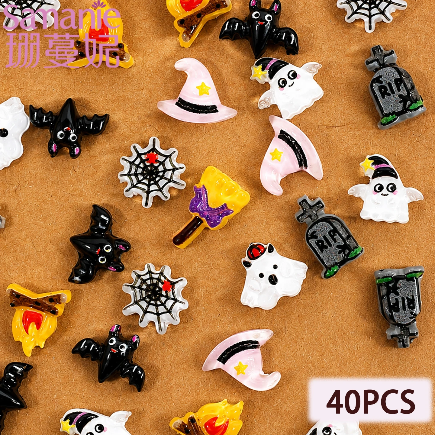40pcs Trendy Resin Mini Colorful Painted Cute Ghost Bat Figurines Flat Back Scrapbook DIY Halloween Decor Nail Art Charms Crafts