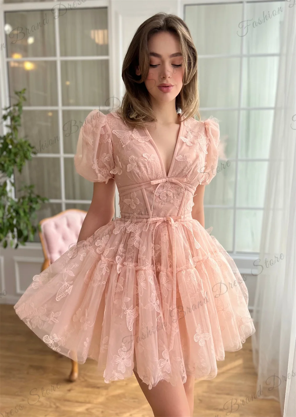 Off-the-shoulder V-Neck Homecoming Dresses for Teens 3D Floral Butterfly Backless Prom Gown A-line Short Sleeves Graduation Gown