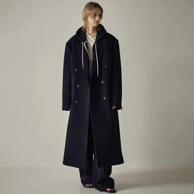 Długi wełniany płaszcz damski na jesień zimę 2025 Nowa moda Garnitur Kołnierz Luźna odzież wierzchnia Płaszcz z wełny kaszmirowej