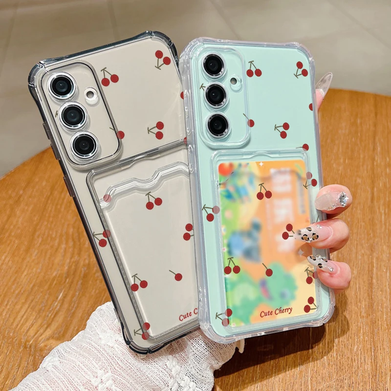Cute Cherry Clear Wallet Case For Samsung Galaxy A55 A54 A52 A56 A36 A15 A16 A06 S25 S24 S23 S22 S21 Ultra Plus S24 FE TPU Cover