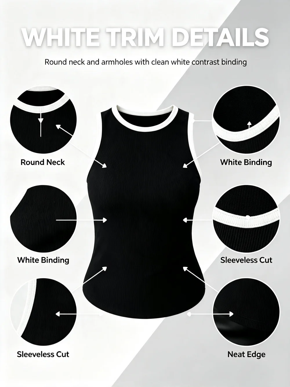 2026 Neue Kontrast-Tanktops mit Weißem Besatz Gerippte Ärmellose Damen-Tops mit Rundhalsausschnitt Figurbetonte Schwarze Basic-Cami-Westen Streetwear – Detail 5