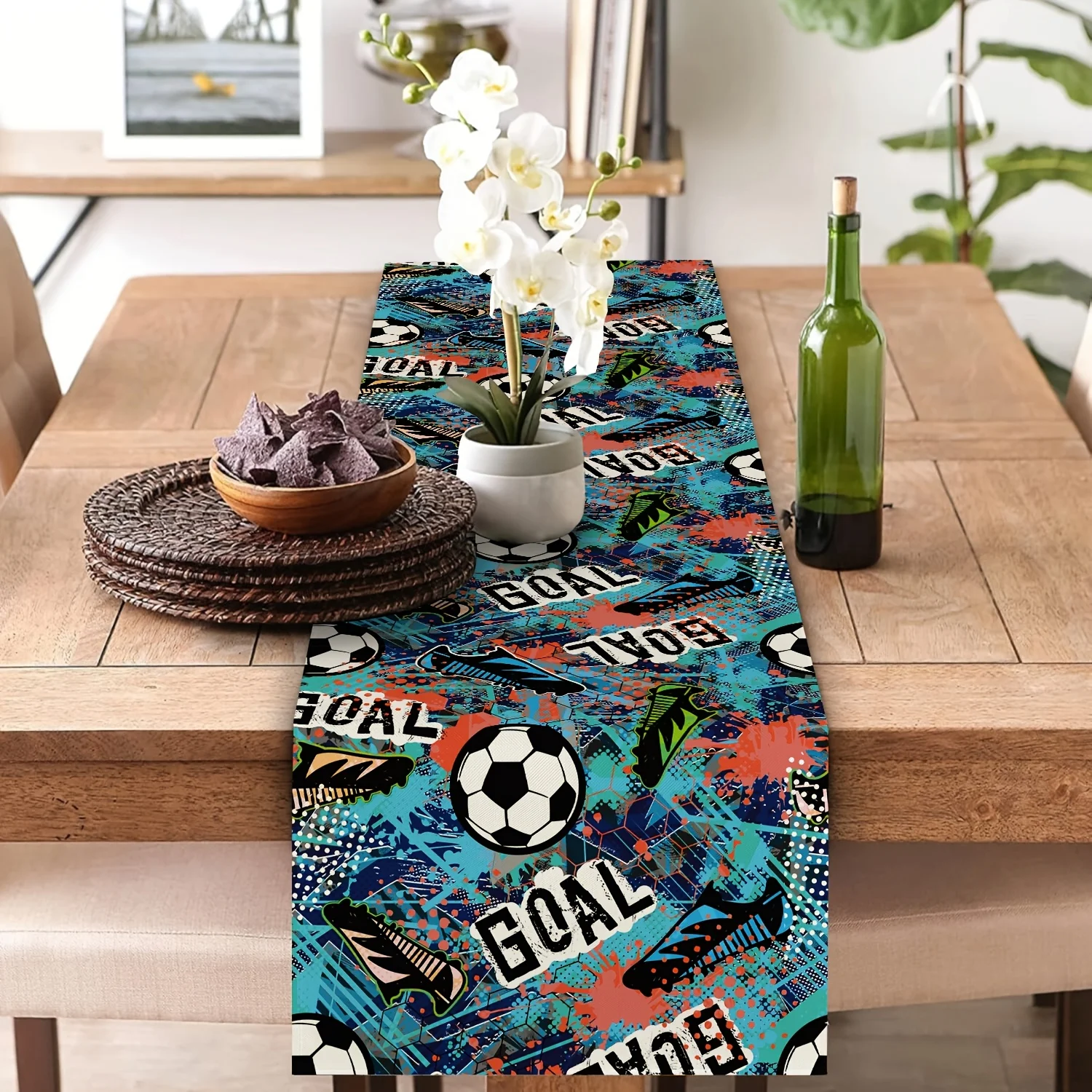 Vibrant Soccer Sneakers Graffiti Print 100% Polyester Table Runner Colorful Sports Themed Home Party Table Decor