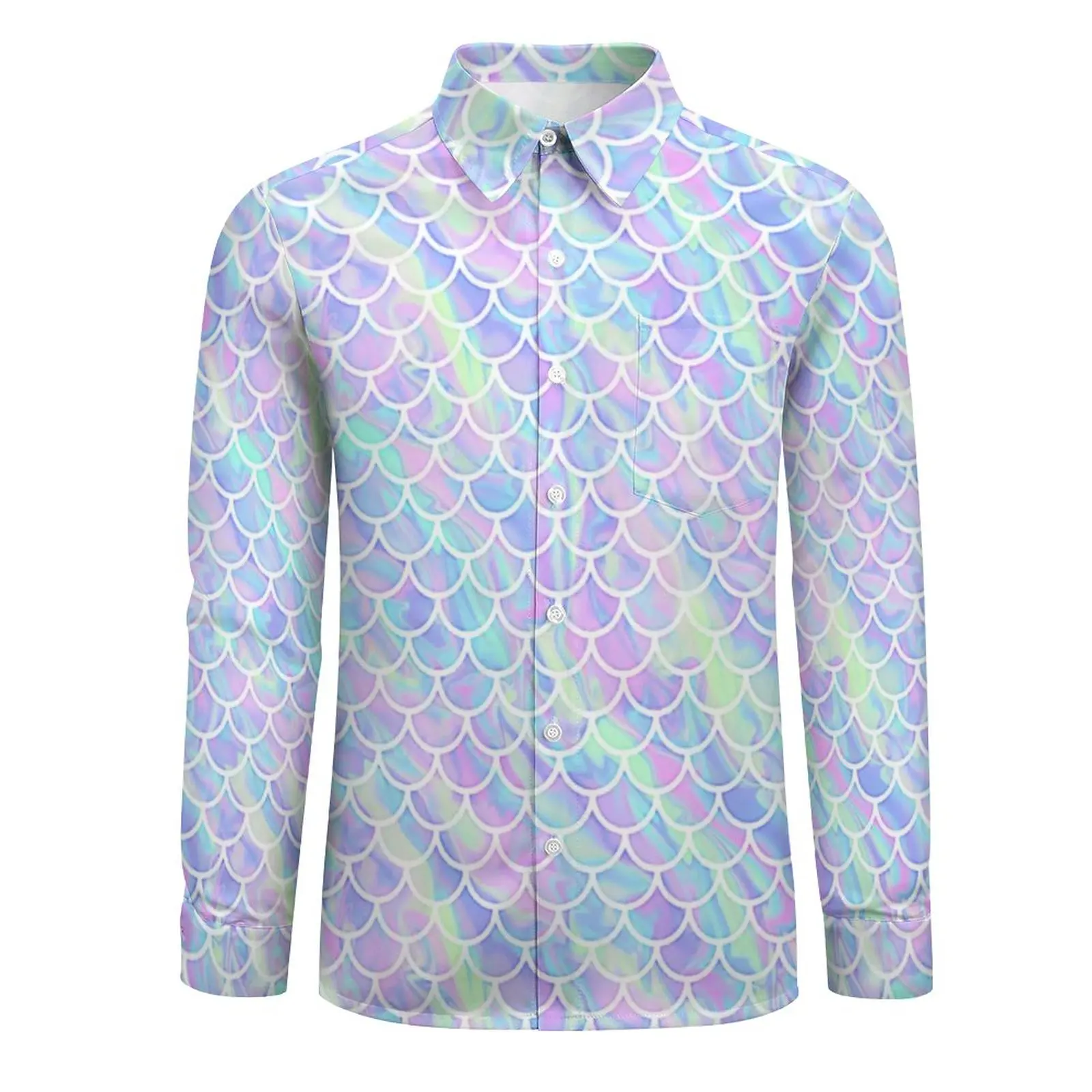 Mermaid Scales Print Y2K Casual Shirt Man Marbled Rainbow Shirt Spring Fashion Blouses Long Sleeve Design Oversized Clothing