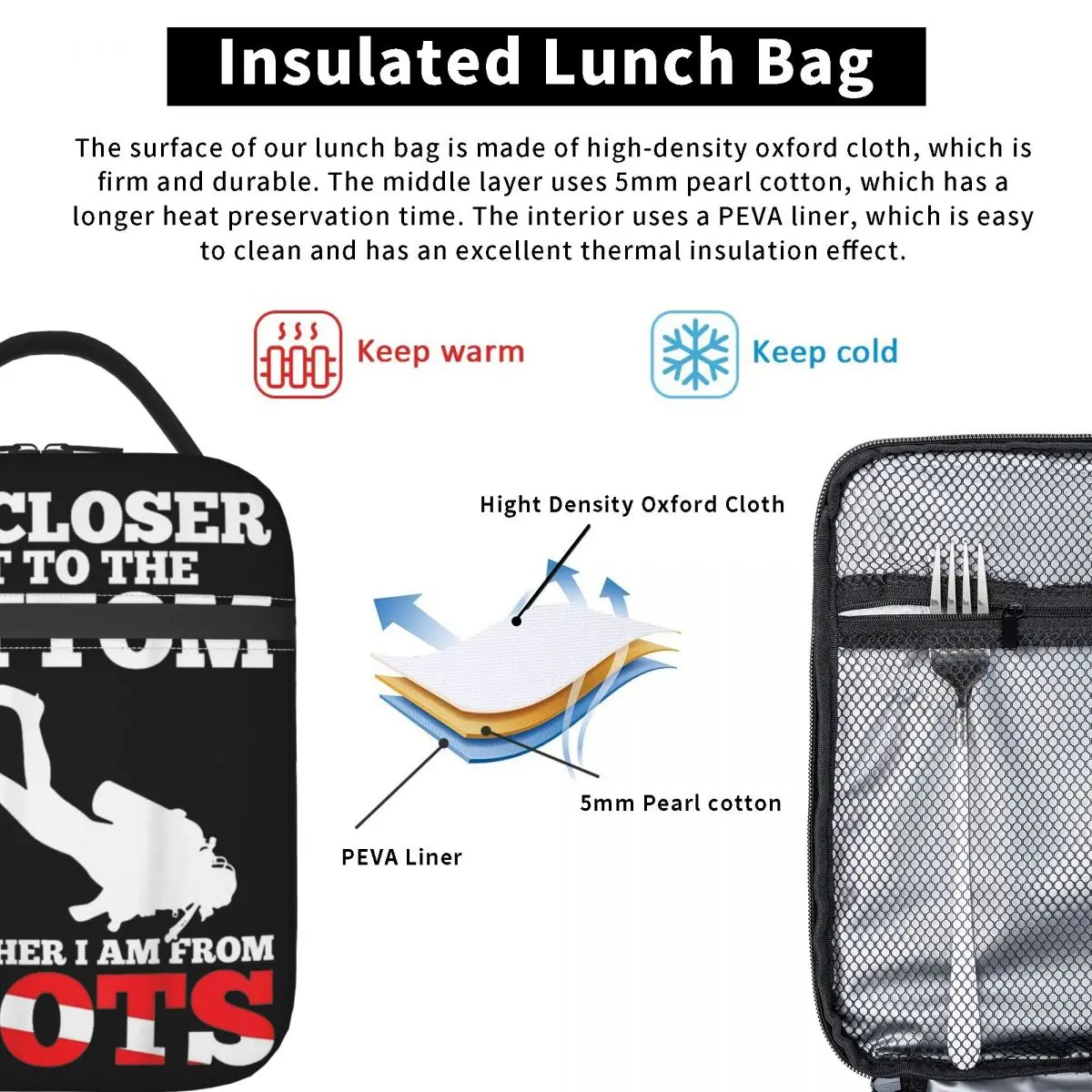 Bolsa de almuerzo aislada, divertido con bandera de buceo bolso de mano, regalo de buceo, caja de almacenamiento de alimentos, nuevo enfriador térmico, Bento Box para la escuela