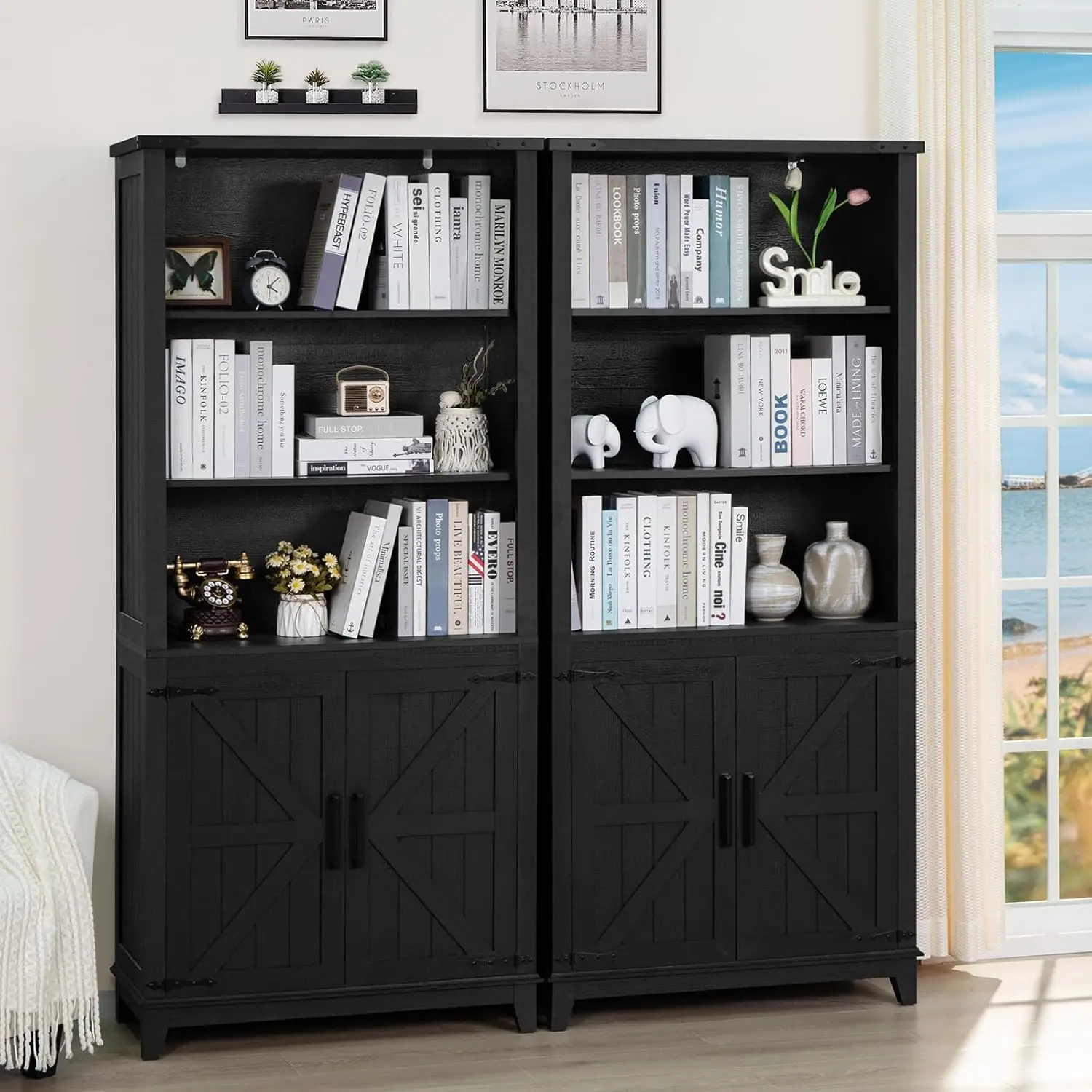 70in Tall Bookshelf 5 Tier Bookcase with Barn Doors and Adjustable Shelves,Black Farmhouse Book Shelf with Storage Cabinet(2PCS)