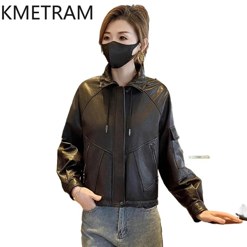 

KMETRAM Oil-Waxed Cowhide Genuine Leather Jacket Woman Loose Short Jacket Casual Real Leather Coat 2026 Fall Women Clothing 가죽자켓